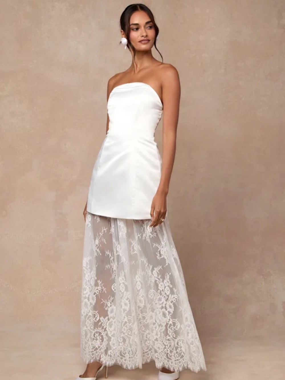 Lulu's White Strapless Lace Overlay Wedding Dress